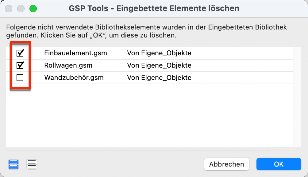 Dialog zur Auswahl der zu löschenden Elemente