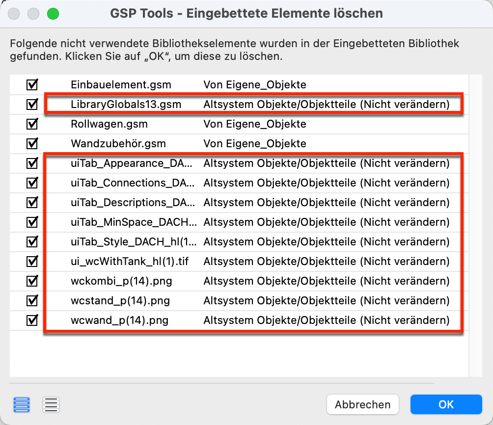 Hinweisdialog zu Altsystem-Objekten