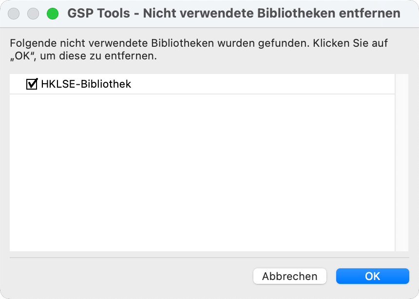Dialog zur Auswahl nicht verwendeter Bibliotheken