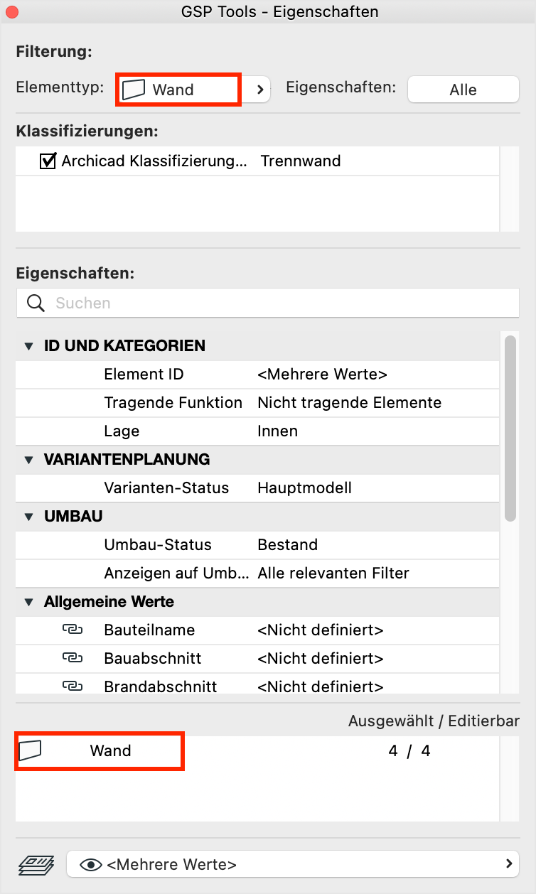 Elementtyp Wand in der Eigenschaften-Palette
