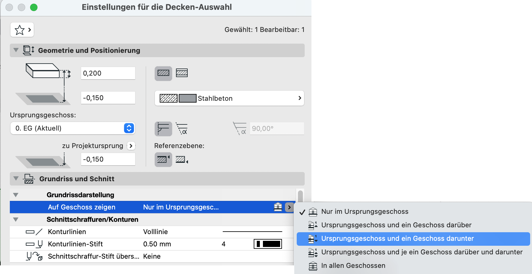 Decken-Geschossanzeige in den Etikett-Grundeinstellungen