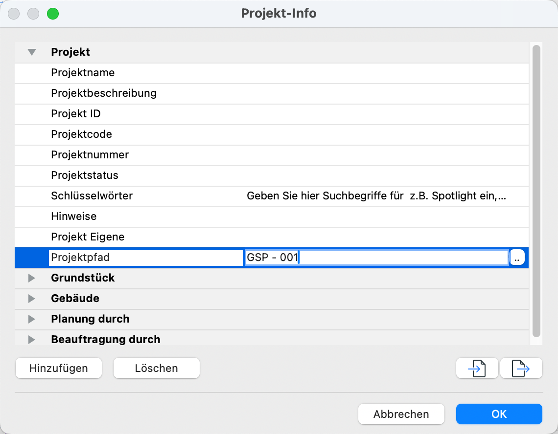 Projekt-Info mit Projektpfad